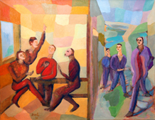 Frank Deike: Beratung; Öl auf Leinwand, 61 x 78 cm